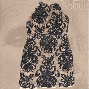 ROYAL NAVY BLUE LACE OVER BEIGE STUNNING ELEGANCE HALTER MINI DRESS